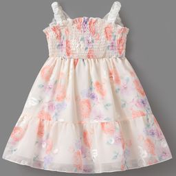 Mark & Mia Sleeveless Floral Printed Party Frock with Butterfly Applique & Smocking - Beige-image-14