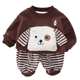 Little Surprise Box Full Sleeves Dog Applique Detailed Striped Breathable Sweatshirt & Joggers Set - Brown-image-11