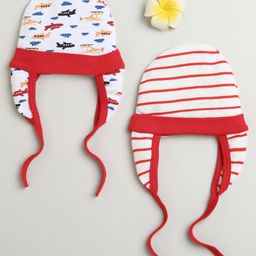 BUMZEE Cotton Pack Of 2 Striped & Vehicles Printed Tying Caps With Ear Flaps - Red & White-image-83