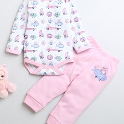 BUMZEE Cotton Knit Full Sleeves Vehicles Printed Onesie & Pajama Set - Pink & White-image-100