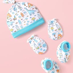 Babyhug 100% Cotton Cap Mittens & Booties With Tropical Theme Print Light Blue - Diameter 11 cm-image-37