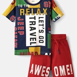 OLLINGTON ST. Cotton Knit Half Sleeves Text Printed T-Shirt & Knit Shorts Set- Red & Navy Blue-image-94