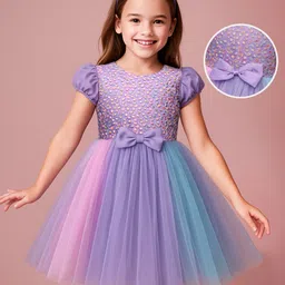 Pine Kids Woven Half Sleeves Party Dress with Floral Embroidered & Bow Applique - Lilac-picture-34