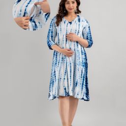 CeleBravo Rayon Three Fourth Sleeves Tie Dye Maternity Dress With Nursing Access - Blue-image-78