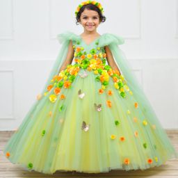 Li&Li BOUTIQUE Net Long Cape Sleeves Floral Applique Detailed Pearls Embellished Gown - Candy Yellow & Tea Green-image-10