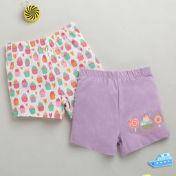 BUMZEE Cotton Pack Of 2 Cup Cakes Printed Shorts - White & Lavender-image-4