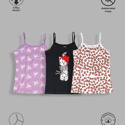 TRESNOVA Cotton Lycra Pack Of 3 Anti Microbial Finish & Advanced Ergonomic Armhole Technology Sleeveless Cats & Unicorns Printed Soft Camisoles - White Purple & Black-image-42