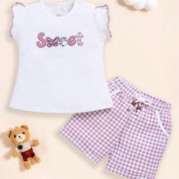 BABY GO Cotton Short Sleeves Sweet Text Embroidered Top & Short Set - Purple-picture-22