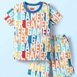 Babyhug Cotton Knit Half Sleeves Co-ords Shorts Night Suit With Gamer Text Print - Multicolor-image-78
