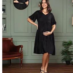 MomToBe Rayon Half Sleeves Solid Maternity Dress With Nursing Access - Black-picture-34