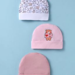 Bubble Pop Cotton Knit Baby Caps with Floral & Teddy Print Pack of 3 Pink & White - Diameter 10 cm-image-5