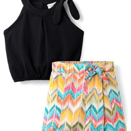 CrayonFlakes Cotton Knit Sleeveless Solid Crop Top With Skort Set - Pink & Black-picture-14