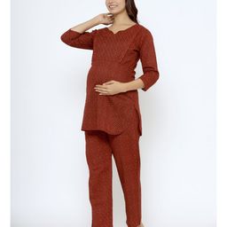CRAFIQA Cotton Three Fourth Sleeves Abstract    Printed Maternity Night Suit With Concealed Zipper Nursing Access - Red image 5