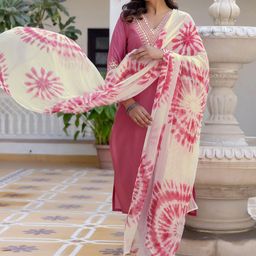 Skylee Pop Yoke or Border Embroidered Straight Sequinned Kurta With Trousers & Dupatta-image-90