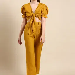 Bannos Swagger Mustard Yellow V-Neck Tie Up Linen Top With Trousers-picture-21