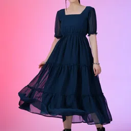 Femvy Women Square Neck Puff Sleeves Tiered Fit & Flare Maxi Dress-image-98