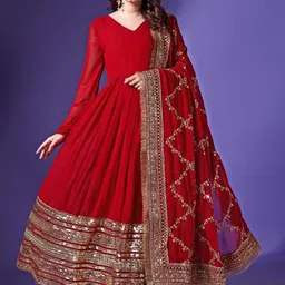 KALINI Women V-Neck Long Sleeves Embroidered Fit & Flare Ethnic Dresses With Dupatta-image-48