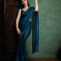 VRAGI Solid Beads and Stones Embellished Pure Chiffon Saree-image-20