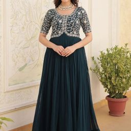 KALINI Floral Embroidered Fit and Flare Georgette Maxi Ethnic Dress-picture-17