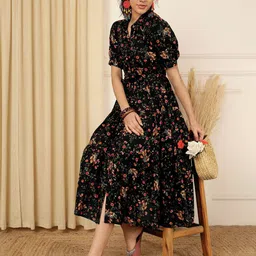 Anouk Floral Printed Shirt Collar Fit And Flare Ethnic Dress-picture-25