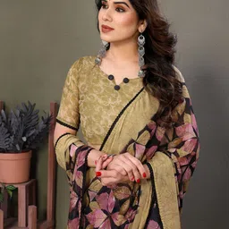 DIVASTRI Floral Embroidered Pure Georgette Block Print Saree image 2