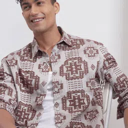 HIGHLANDER Men Comfort Relaxed Fit Spread Collar Geometric Printed Casual Shirt-image-63