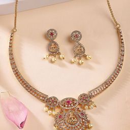 KARATCART Gold-Plated American Diamond Studded Temple Necklace And Earrings Jewellery Set-picture-27