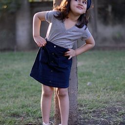 Piccolo Solid Half Sleeves Tee With Button Down Skirt - Grey & Blue-image-39