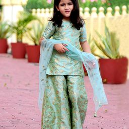 Piccolo All Over Golden Leaves Printed Half Sleeves Kurta With Palazzo & Net Dupatta - Light Green-image-43