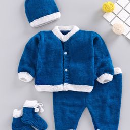 Usha Enteprises Full Sleeves Solid Sweater With Pants & Cap With Booties - Blue-image-83