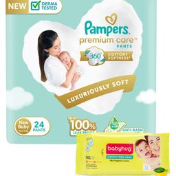 Pampers Premium Care Pants, New Born, Extra Small size baby diapers  (NB,XS), 24 count, Softest ever Pampers & Babyhug Premium Baby Lemon Wipes - 72 Pieces-image-54