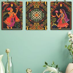 ArtVibes 3-Pcs Pink & Green Madhubani Printed Wooden Wall Hanging Decor-image-21