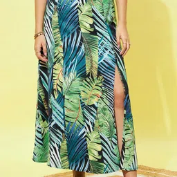 Berrylush Tropical Printed Slide Slit A-Line Maxi Skirt-image-30
