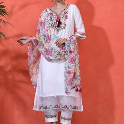 Sangria Women Embroidered Straight Kurta With Trousers & Dupatta-image-91