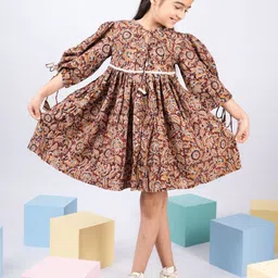 VASTRAMAY Girls Floral Print Tie-Up Neck Fit & Flare Dress-picture-41