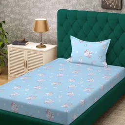 KLOTTHE Blue & White Printed Flat 400TC Pure Cotton Single Bedsheet With Pillow Cover-43
