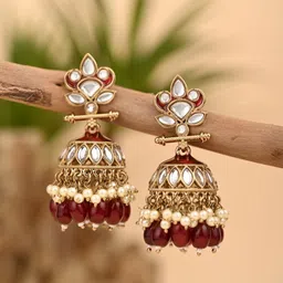Anvik Gold-Plated Kundan Studded And Artificial Beaded Dome Shaped Meenakari Jhumkas-picture-12