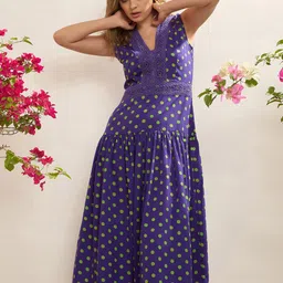 CORSICA Lace-Insert Detail Polka Dot Print Midi Drop-Waist Dress-image-87