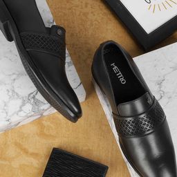 Metro Men Textured Leather Formal Slip-Ons-image-35