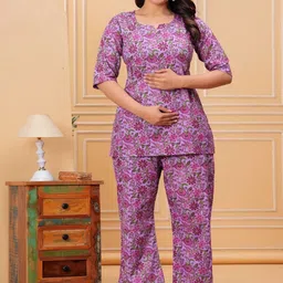Fasnesio Floral Printed Notch Neck Pure Cotton Maternity Top With Trousers-image-90