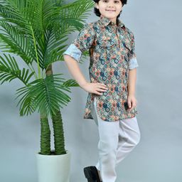 ahhaaaa Boys Floral Printed Regular Thread Work Kurta with Pyjamas image 5