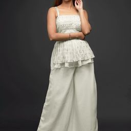 SANCIA Floral Embroidered Layered Mirror Work A-Line Kurta with Palazzos & Dupatta-image-90