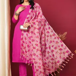 KALINI Geometric Embroidered Kantha Work Straight Kurta with Trouser & Dupatta-image-6