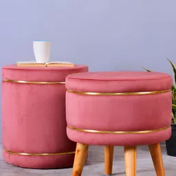 Shadowkart Set Of 2 Pink Wooden Round Shaped Ottomans-11