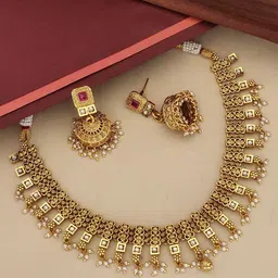 ABDESIGNS Sophisticated Gold Plated Kempstone Studded & Beaded Temple Jewellery Set-image-85