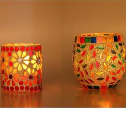 Somil Vibrant Multicolor Glass Candle Holder Add A Touch Of Magic To Diwali, Parties & Candlelight Dinners, Size-7 X 7 X 7 Cm , 8.5 X 8.5 X 8.5 Cm Pack OF 2-image-81