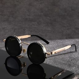 SPADEACES Unisex Grey Lens & Gold-Toned Shield Sunglasses with-50