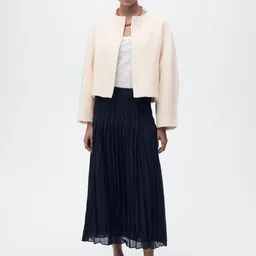 MANGO Self-Design Collarless Pure Cotton Drop-Shoulder Sleeves Oversized Tailored Jacket image 5