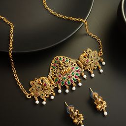 aadita Gold-Plated Kundan Studded & Artificial Beaded Temple Necklace & Earrings-image-43