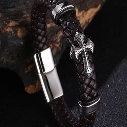 UNIVERSITY TRENDZ Men Leather Jesus Christian Cross Wraparound Bracelet-image-65
